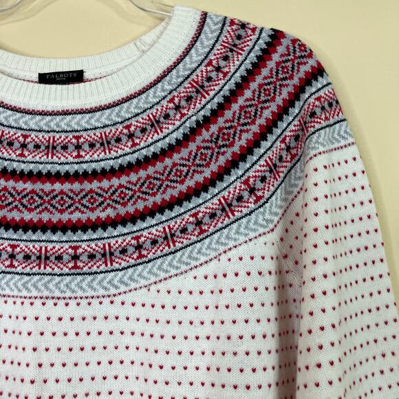 Talbots | Fair Isle Cream Red Sweater Dotted Womens L Petite Nylon Lambswool - Picture 2 of 6